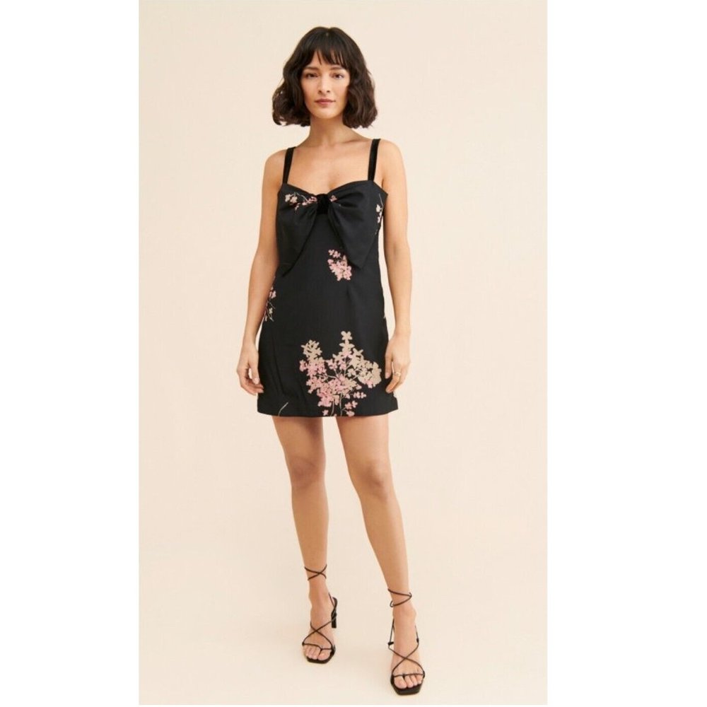 NEW Free People Tie A Bow Mini Dress Black Combo Floral Velvet Smocked - Picture 2 of 7
